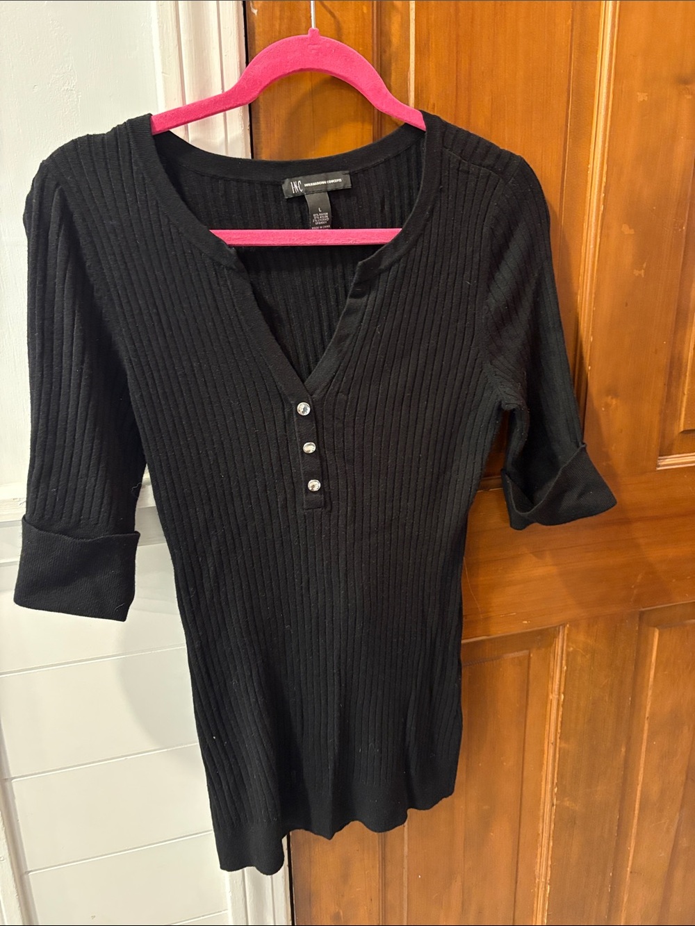 INC International Concepts Black Ribbed Henley Tee with Button Placket
